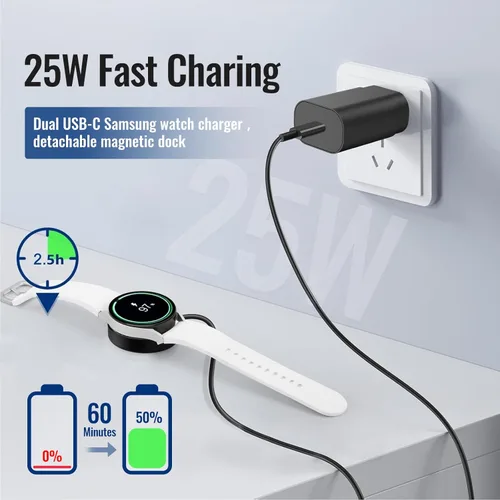 Vista 2 de Cargador de reloj Samsung de 25 W, cable dual USB-C Estación de carga inalámbrica súper rápida para Galaxy Watch 7/6/5/4 Series