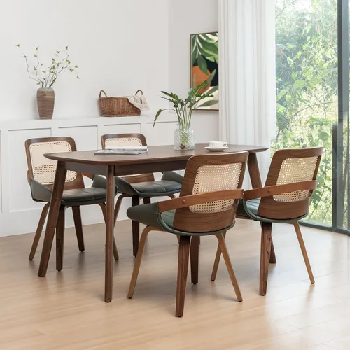 Vista 9 de Sillas de comedor de caña – Sillas de comedor modernas de mediados de siglo con marco de madera curvada de nogal, respaldo ergonómico de ratán