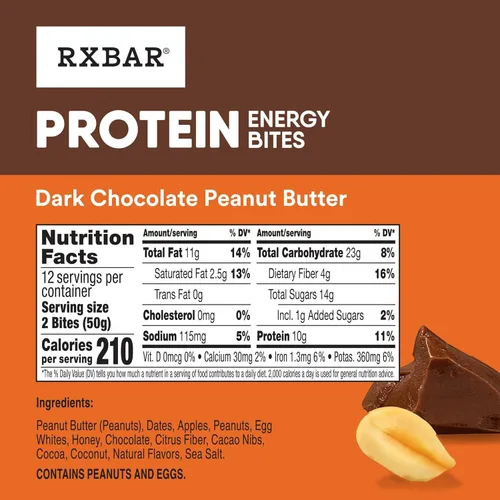 Vista 9 de RXBAR Protein Energy Bites, bolas de proteína sin gluten, mantequilla de maní de chocolate negro, caja de 21.1 onzas (24 bocados)