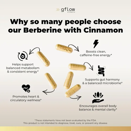 Vista 4 de gflow vitamins Berberina HCL 1200 mg en cápsulas vegetales con canela de Ceilán Fabricado en los Estados Unidos