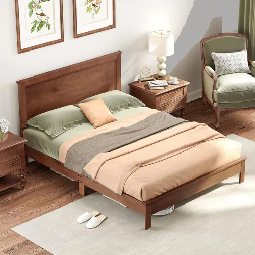 Vista 8 de Giantex Base de cama de plataforma de madera individual con cabecero, marco de cama de mediados de siglo con patas de madera maciza y soporte