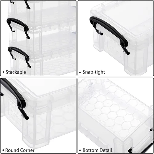 Vista 6 de BTSKY Paquete de 6 pequeñas cajas de almacenamiento de plástico transparente con tapa, mini organizador de cajas de costura con pestillo negro