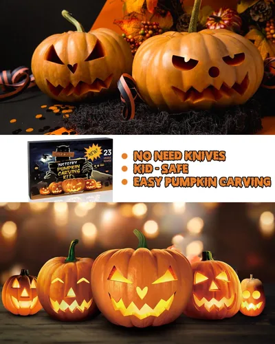 Vista 12 de JUSTOTRY Pumpkin Carving Kit - Halloween Pumpkin Face Shape Cookie Cutters Tools Set Easy & Safe Adults Kids DIY, Stainless Steel 23 Molds with 3 23