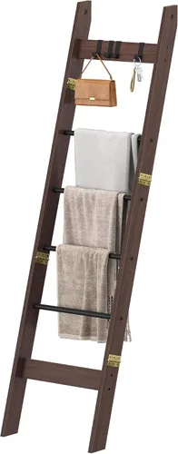 Vista 80 de Escalera para manta para sala de estar, estante decorativo para edredón con 4 ganchos extraíbles, 5 niveles de soporte de escalera de granja Blanco