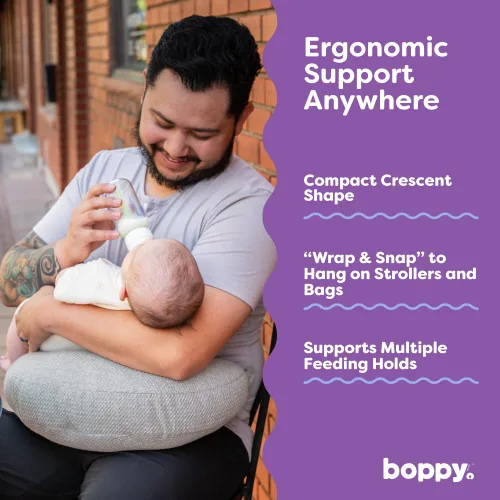 Vista 3 de Boppy Anywhere - Almohada de lactancia de viaje, compacta, ergonómica y almohada de lactancia materna con cierre de presión y bucle para colgar