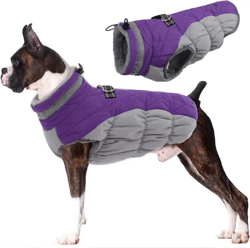 Vista 41 de Lelepet Abrigo cálido para perro, abrigo de invierno para perro, chaqueta impermeable para perros con arnés integrado reflectante para mascotas