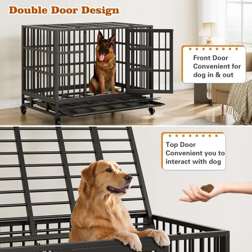 Vista 5 de Vongrasig Jaula de perro indestructible resistente de 48/38 pulgadas, doble puerta, a prueba de escape, jaula de metal mejorada, jaula extra grande