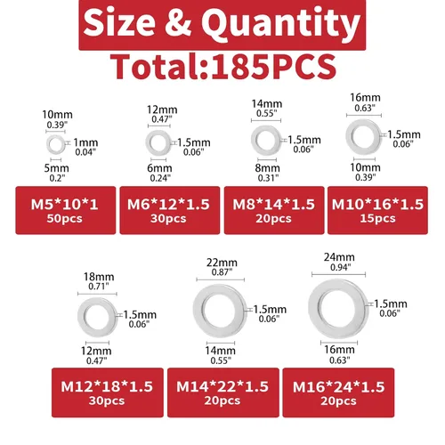 Vista 2 de Kit de surtido de 185 piezas de arandelas aplastables de aluminio para tapón de drenaje de aceite, M5/M6/M8/M10/M12/M14/M16 repuesto para Honda