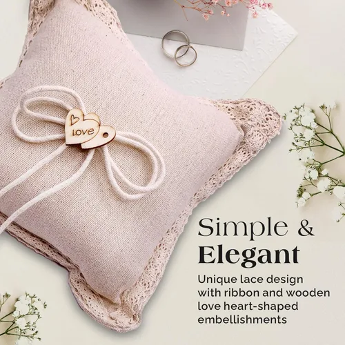 Vista 4 de SLS SUPPLY FLORA - Almohada de arpillera para portador de anillos de encaje, soporte clásico para anillos de boda, elegante almohada rústica