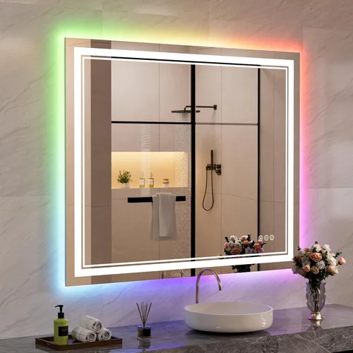 Vista 11 de Espejo de baño LED de 40 x 36 pulgadas con luces, retroiluminado y frontal iluminado para pared, antiempañamiento, regulable, memoria inastillable