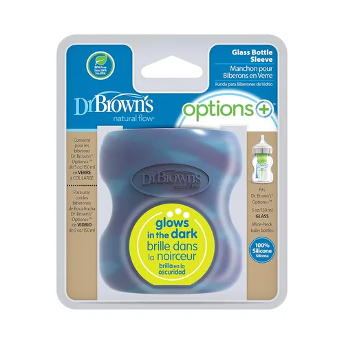 Vista 2 de Dr. Brown's Options+ Funda para botella de vidrio de cuello ancho, 100% silicona, brilla en la oscuridad, sin BPA, 5 onzas, 1 paquete