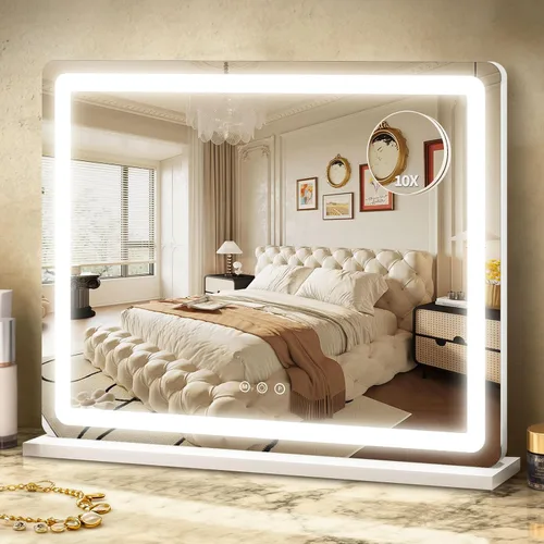 Vista 27 de ROLOVE - Espejo de tocador iluminado de 22 x 19 pulgadas con luces LED regulables, 3 modos de color, control táctil inteligente y base giratoria