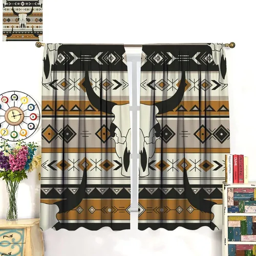Vista 321 de Cortinas con patrón geométrico tribal, estilo suroeste, azteca, rústico, occidental, nativo americano, opacas, con bolsillo para barra, decoración