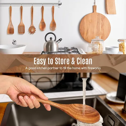 Vista 4 de Juego de 5 cucharas de madera para cocinar, juego de utensilios de cocina de teca natural, superficie antiadherente lisa, juego de espátulas