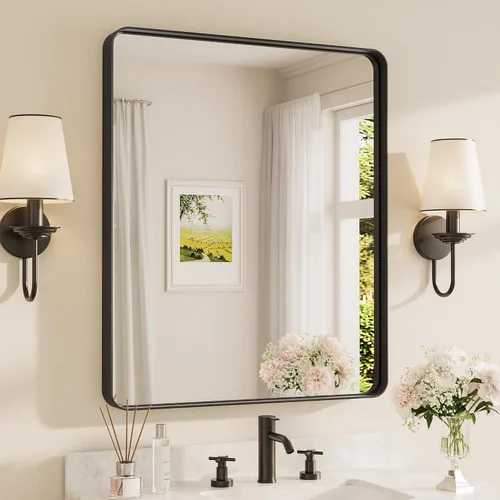 Vista 15 de TETOTE Espejo de marco dorado cepillado de 16 x 24 pulgadas, espejo de tocador de baño de latón dorado para pared, espejo enmarcado rectangular