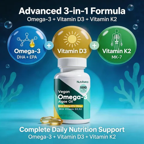 Vista 4 de Suplemento de aceite de algas omega-3 vegano con DHA 300 mg y EPA 150 mg, Omega-3 a base de plantas con vitamina D3 y K2, cápsulas blandas de aceite
