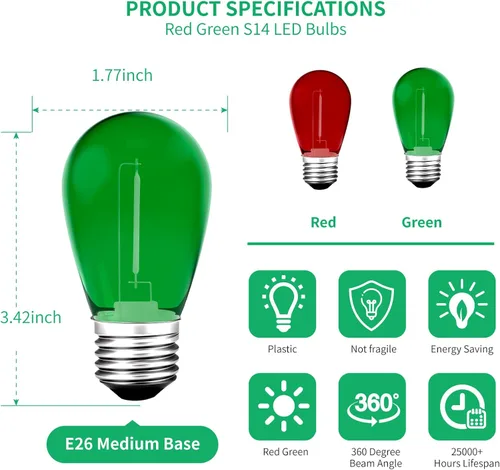 Vista 2 de Bombillas LED de luz de cadena S14 de color, paquete de 24 bombillas de 1 W, de plástico irrompible e impermeable, para interiores y exteriores