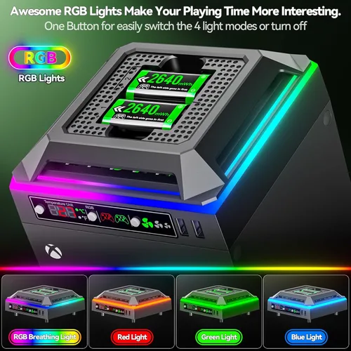 Vista 5 de Cooling Fan for Xbox Series X Console with RGB Light, Charger Station with 2 x 2640 mWh Rechargeable Battery Packs for Xbox SeriesOne-XSElite