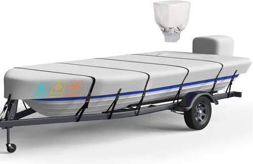 Vista 9 de Cubierta de barco Jon de 5 capas 1200D de 12 pies a 14 pies con cubierta de motor, 100% impermeable, cubiertas para barco Jon de 12 a 14 pies con 9