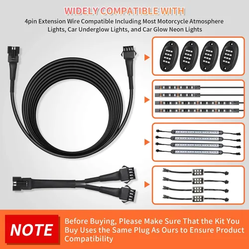 Vista 5 de 4 cables de extensión RGB de 47 pulgadas y 4 pines para motocicleta y 2 divisores de 2 vías, tira de luces de neón LED multicolor para motocicletas