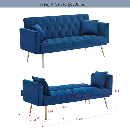 Vista 86 de Sofá cama moderno de terciopelo de 72 pulgadas, sofá cama plegable convertible con 3 respaldos ajustables, sofá biplaza reclinable copetudo