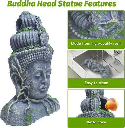 Vista 5 de Hamiledyi Estatua de cabeza de Buda para decoración de acuario, escondite de peces de resina, cueva de Betta para pecera grande, adornos