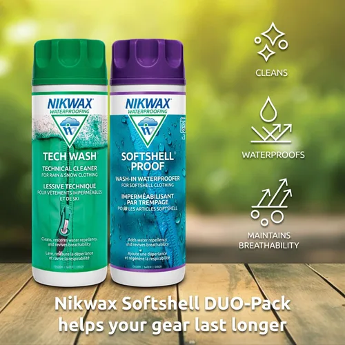 Vista 4 de Nikwax Softshell Limpieza e Impermeabilización DUO-Pack, Limpia y Restaura la Repelencia al Agua DWR en Chaquetas, Pantalones, Chalecos, Ropa
