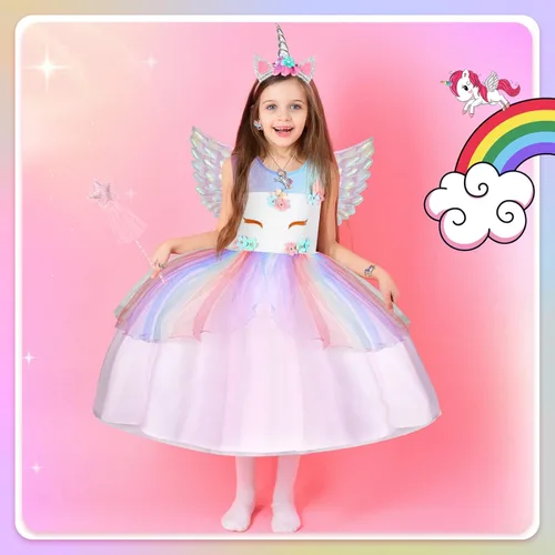 Vista 4 de Geyoga Vestido de princesa de unicornio para niñas, disfraz de unicornio arcoíris con diadema, varita justa, accesorios de joyería