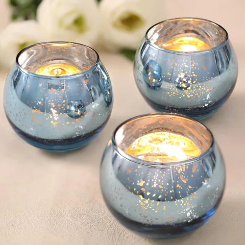 Vista 20 de Volens - Portavelas votivas redondas azules, juego de 12, decoraciones de mesa para centro de mesa de boda azul, portavelas de vidrio de mercurio