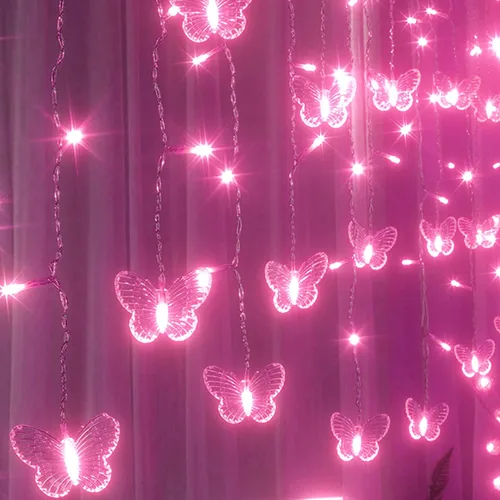 Vista 12 de Cadena de luces de mariposa para cortina de 6.1 metros, 120 luces LED para ventana, alimentadas por USB, 24 mariposas, 8 modos con control remoto