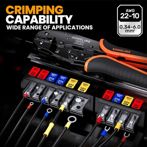 Vista 3 de SOMELINE Kit de herramientas de prensado de conectores eléctricos, crimpadora de terminales de trinquete 22-10 AWG, con conectores aislados a tope