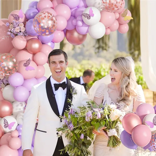 Vista 4 de Kit de arco de guirnalda de globos rosa, oro rosa, blanco, rosa y morado, globos de confeti, globos de látex, calcomanías de mariposa, decoraciones