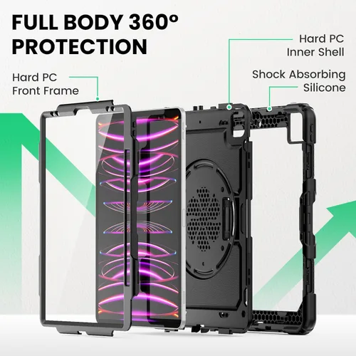 Vista 5 de SEYMAC Funda para iPad Pro 12.9 2022/2021/2020/2018, resistente protección a prueba de golpes con protector de pantalla, soporte giratorio de 360°