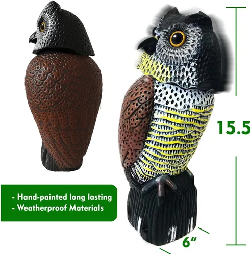 Vista 3 de GiftExpress 16" Large Owl Decoy with Rotating Head – Realistic Garden Statue Bird & Squirrel Deterrent, Life-Size Predator Scarecrow for Outdoor