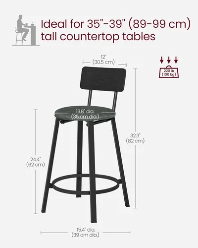Vista 3 de VASAGLE Taburetes de bar, juego de 2 taburetes de desayuno tapizados de PU, taburetes de bar de 29.7 pulgadas con respaldo y reposapiés, montaje