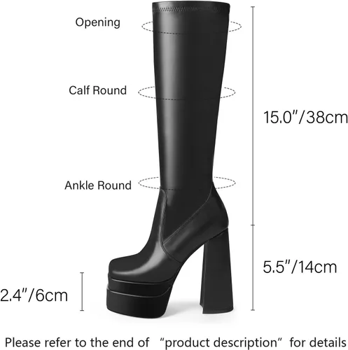 Vista 2 de wetkiss Botas altas de plataforma para mujer, tacón alto grueso, botas negras para mujer, botas Gogo con cremallera lateral, elásticas