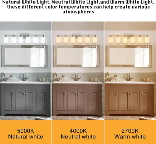 Vista 7 de Lámpara de tocador de baño de 6 luces, lámpara de níquel cepillado con pantallas de vidrio esmerilado blanco lechoso, iluminación grande sobre