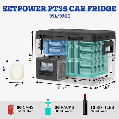 Vista 7 de Setpower PT35 - Refrigerador de coche con cubierta, refrigerador portátil de doble zona de 37 cuartos de galón, refrigerador de coche de 12 voltios