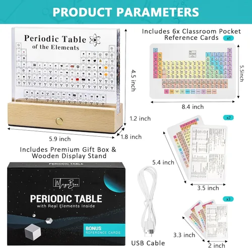 Vista 2 de MegaBox Tabla Periódica de Elementos con 83 Elementos Reales, Exhibición de Tabla Periódica de Acrílico con Soporte de Madera, 6 Tarjetas