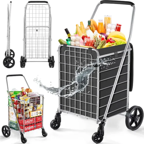 Vista 12 de Wellmax Carrito de comestibles plegable con ruedas, carrito utilitario de metal resistente con parte inferior de malla, cesta trasera adicional