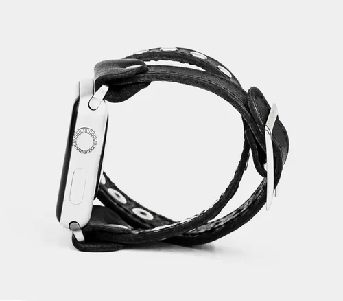 Vista 8 de stitched stud Leather double wrap cuff band compatible with Apple watch 38mm 40mm 41mm 42mm 44mm 45mm 46mm 49mm, Handmade UA 1820st