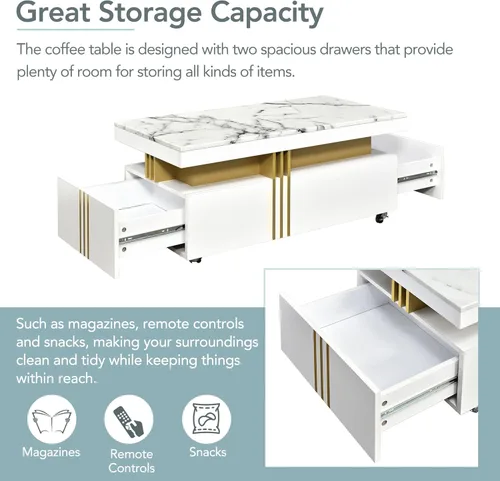 Vista 51 de Mesa de centro contemporánea de 31.5 pulgadas con 4 compartimentos de almacenamiento ocultos, mesa de cóctel cuadrada con mesa deslizante
