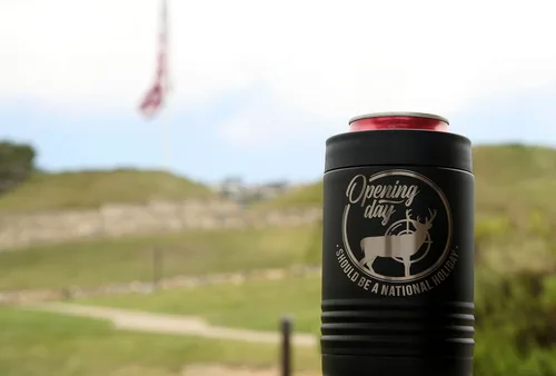 Vista 8 de Thomas and Son - Cold Beverage Can Cooler - Engraved Open Season Hunting Can Holder - Double Wall Insulated Can Cozy Sleeve - Hunting Gifts for