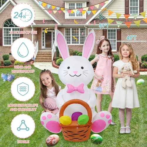 Vista 3 de Conejo de 5 pies con una cesta de flores, decoración inflable de Pascua para patio, conejo de Pascua inflable con cesta iluminada, decoración al