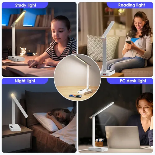 Vista 8 de Infiway Lámparas LED de escritorio para oficina en casa: lámpara de escritorio con puerto de carga USB - 1 USB-A, 1 puerto tipo C, 2 tomas de Blanco