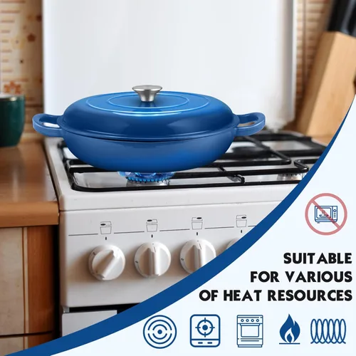 Vista 6 de Overmont Horno holandés de hierro fundido esmaltado, olla holandesa de 3.8 cuartos de galón con tapa, sartén poco profunda para estofar, cacerola