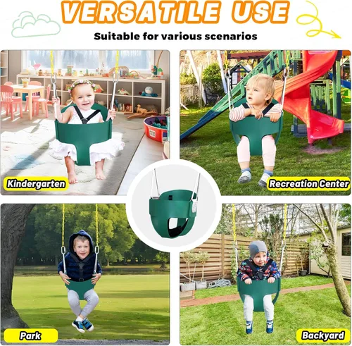 Vista 7 de Asiento de Columpio de Respaldo Alto Tipo Cubeta Completa para Niños Pequeños con Arnés de Seguridad Ajustable de 3 Puntos, Cadena Desmontable de 66
