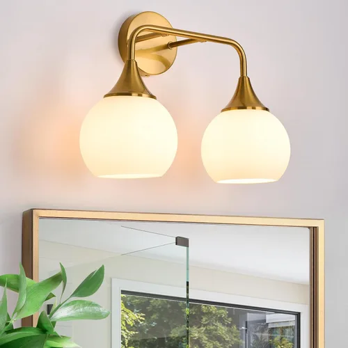 Vista 8 de Modernas luces doradas para tocador de baño, lámparas de baño de 3 luces sobre espejo con pantalla de vidrio blanco leche, aplique de pared moderno