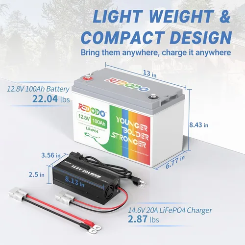 Vista 8 de Redodo Batería LiFePO4 de 12.8 V 100 Ah con cargador de batería de litio de 14.6 V 20 A; BMS de 100 A integrado, 5 horas de carga rápida y completa