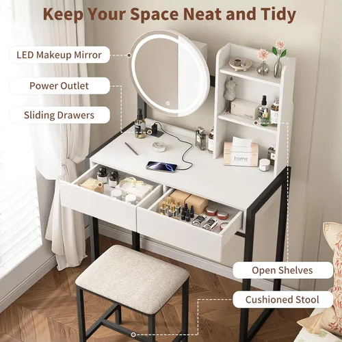 Vista 3 de Mesa de tocador pequeña con espejo y luces, mesa de tocador de maquillaje con espejo LED, 3 modos de iluminación, toma de corriente, cajón, estantes